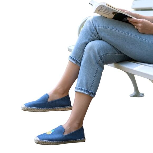 Soludos Anthropologie Chambray Blue Slip On Jute Espadrilles Women 10M Pineapple - Picture 2 of 9